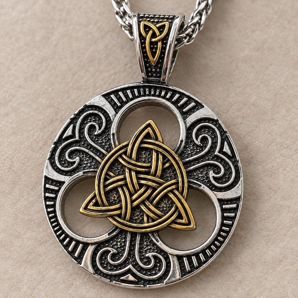Celtic Triquetra Trinity Knot Medallion Necklace Two Tone Silver Gold Tone 24in